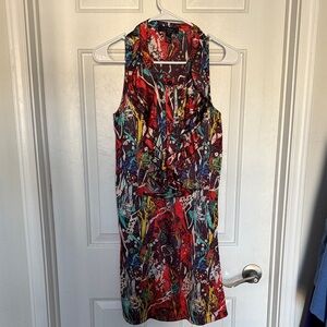 T-Bags Los Angeles Silk Ruffle Button Front Colorful Abstract Dress Size S Y2K